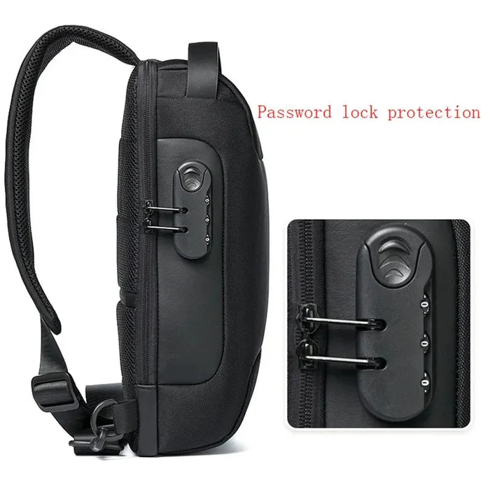 Black backpack with password lock protection feature on a white background